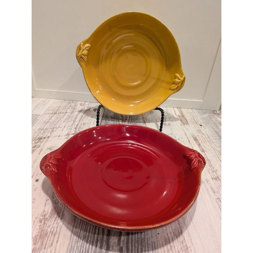 Sur La Table Italy Ceramic Serving Bowls Set of 2 Red Mustard Leaf Handles 9.5